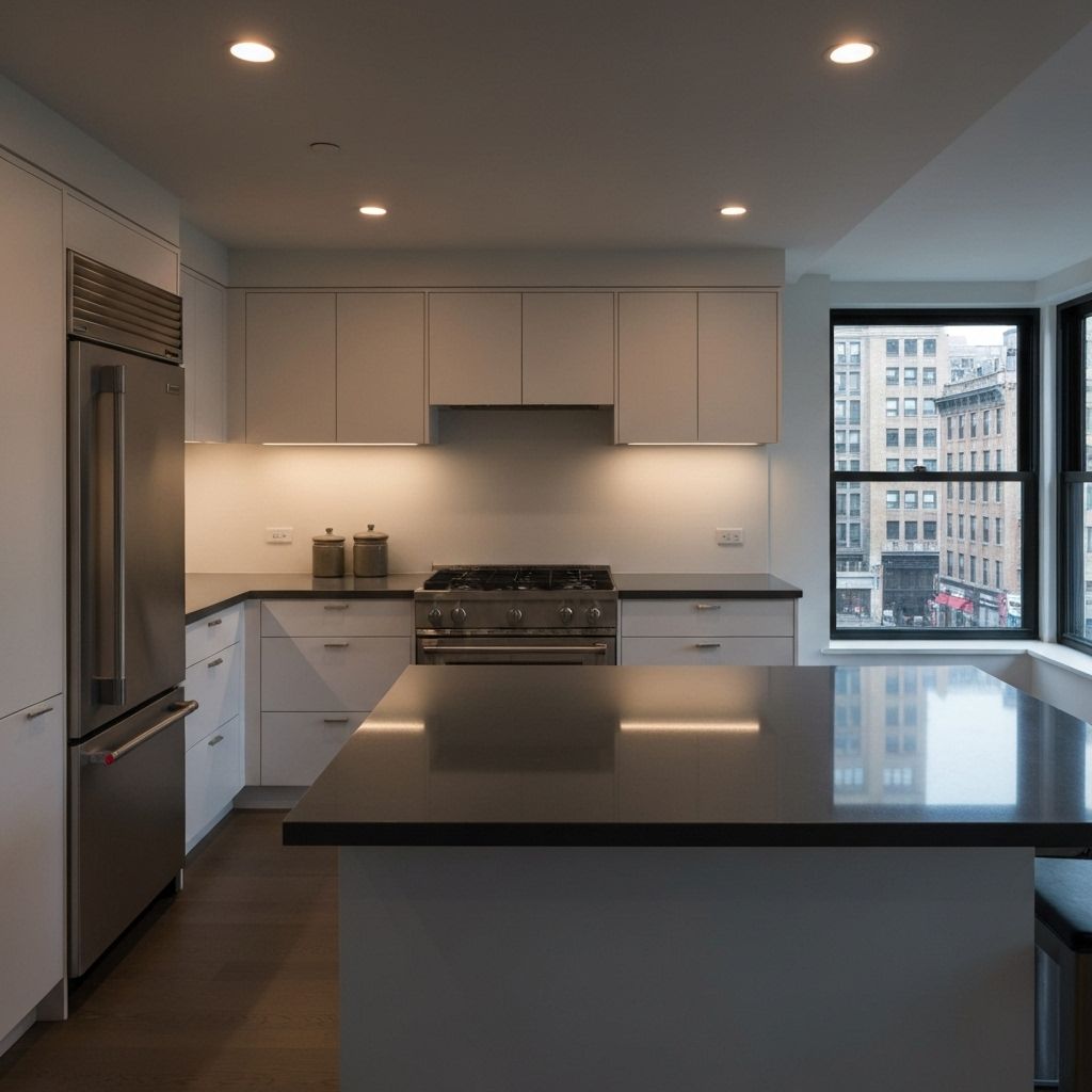 Apartment kitchen renovation with stone and wood finishes