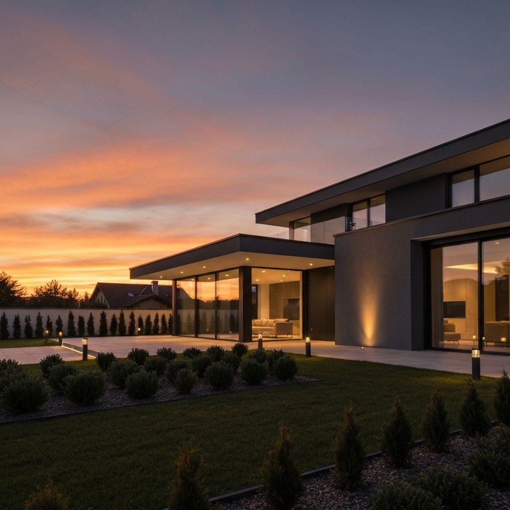 Renovated villa exterior with warm lighting