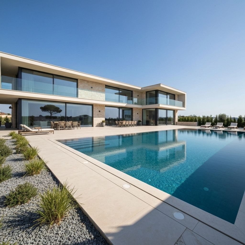 Modern villa exterior with warm lighting